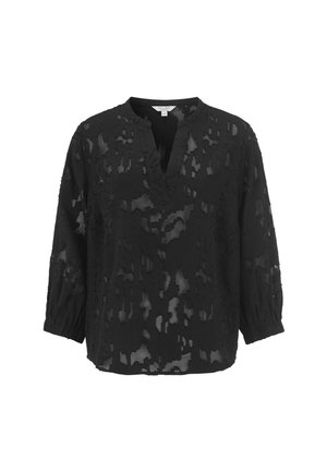 Svart blus med texturerat blommönster, med V-hals, trekvartsmånga ballongärmar och ett lätt, genomskinligt material.