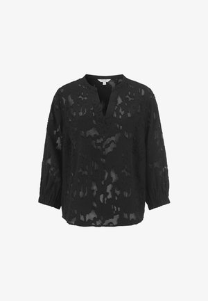 Zwarte blouse met een textuurachtig bloemenpatroon, voorzien van een V-hals, driekwart ballonmouwen en een lichtgewicht, doorzichtig materiaal.
