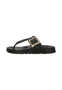 Sandali in tono nero con cinturino intrecciato sulla parte superiore e dettaglio della fibbia in tono oro; soletta morbida e testurizzata; suola in gomma resistente.