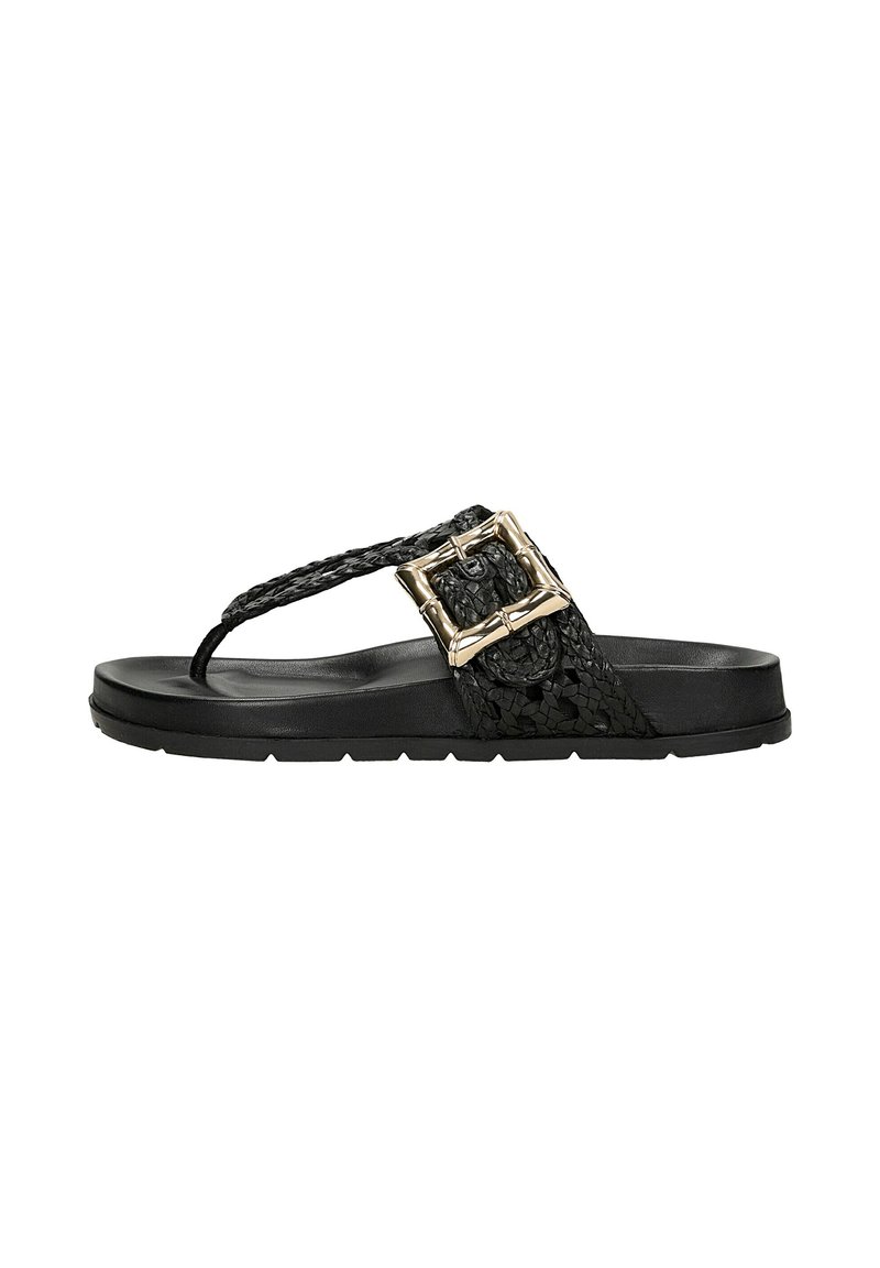 Sandali in tono nero con cinturino intrecciato sulla parte superiore e dettaglio della fibbia in tono oro; soletta morbida e testurizzata; suola in gomma resistente.