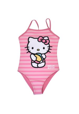 Pink striped one-piece swimsuit with thin straps featuring Hello Kitty holding a beach ball and text "Hello Kitty" on the front.