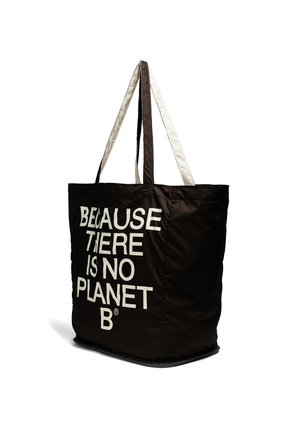 Borsa tote nera riutilizzabile con manici bianchi e il testo "Because there is no Planet B" stampato in bianco sulla parte anteriore.