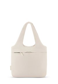 Beige tote-väska med två breda, rundade handtag, en ficka med dragkedja, en slät yta och en minimalistisk design. Har en subtil logotyp-accents.