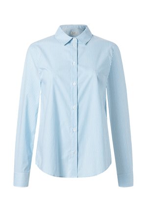 Camisa de botones azul claro con rayas verticales blancas, de mangas largas, cuello clásico y dobladillo curvo. Fabricada con tejido de algodón de textura suave.