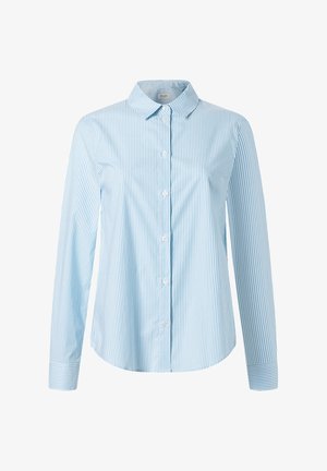 Jasnoniebieska koszula zapinana na guziki w białe pionowe paski, z długimi rękawami, klasycznym kołnierzykiem i zaokrąglonym dołem. Wykonana z bawełnianej tkaniny o gładkiej strukturze.