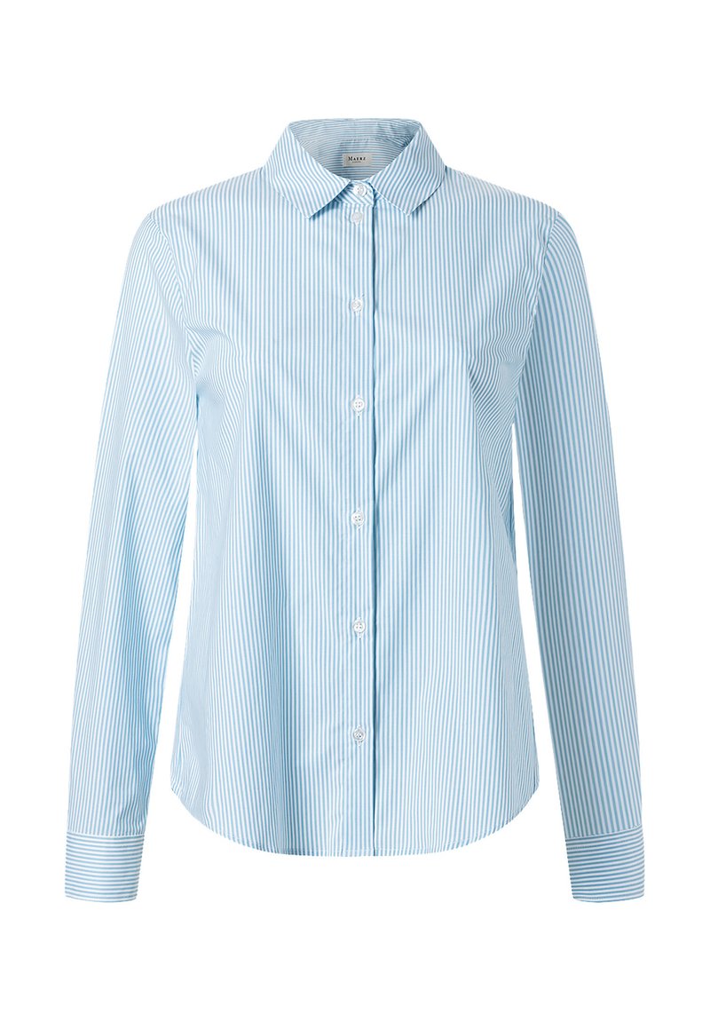 Light blue button-up shirt with white vertical stripes, long sleeves, classic collar, and curved hem. Made of cotton fabric with a smooth texture.
