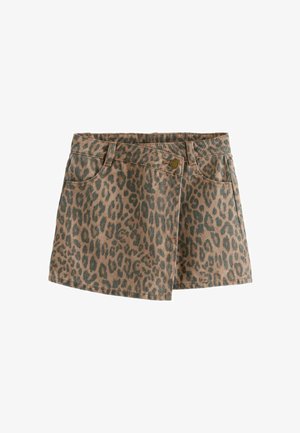 Spódnica dżinsowa w beżowej kolorystyce z ciemnozielonym nadrukiem w panterkę. Posiada przednie kieszenie oraz zapięcie na guzik w talii.