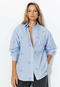 Chemise bleue et blanche à rayures avec broderie florale, coupe décontractée, col boutonné, manches longues et poche poitrine.
