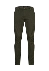 Chinos de algodón verde con corte recto, que presentan un cierre frontal con botón, trabillas para cinturón y bolsillos laterales. Tejido texturizado con un patrón sutil.