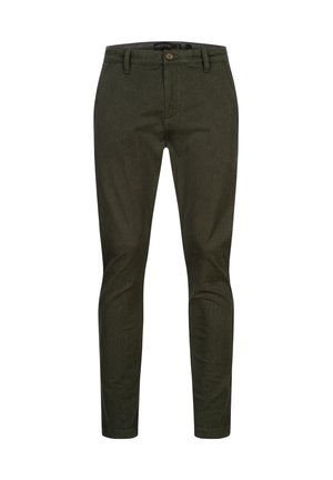 Chinos de algodón verde con corte recto, que presentan un cierre frontal con botón, trabillas para cinturón y bolsillos laterales. Tejido texturizado con un patrón sutil.