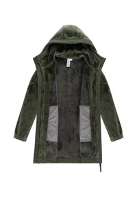 Giacca a vento verde oliva con interni morbidi e pelosi e chiusura a bottoni a pressione. Presenta tasche interne grigie e polsini a coste.