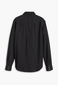 Zwarte lange mouwen shirt met een puntige kraag, westernstijl yoke detail, knoopmanchetten en een gladde textuur.