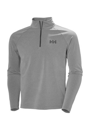 Grau melierter Langarm-Pullover mit Viertel-Reißverschluss vorne und hohem Kragen, versehen mit einem kleinen "HH"-Logo auf der linken Brust.