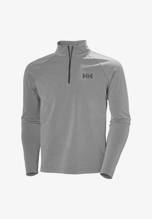 Grijze pullover met lange mouwen, een ritssluiting tot een kwart aan de voorkant en een hoge kraag, met een klein "HH"-logo op de linkerborst.