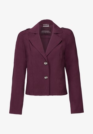 Bordeaux blazer med klapkrave, to frontknapper, skulderklapper og en glat stofstruktur.