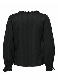 Schwarze Bluse mit langen Ärmeln, die über einen Rüschenausschnitt, eine Zickzackstruktur und geknöpfte Manschetten verfügt und eine lockere Passform hat. Rückansicht dargestellt.