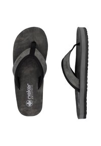 Black and gray flip-flops with a textured surface, featuring a rubber sole and fabric straps. Logo printed on the footbed.