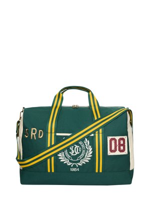 Green and white duffel bag with yellow-striped handles and strap, embroidered "SRD," "08," and a white laurel crest with "1954" text.