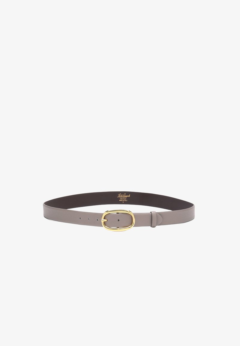 Ceinture en cuir gris clair avec boucle ovale dorée et cinq trous de réglage, présentée à plat sur fond blanc.