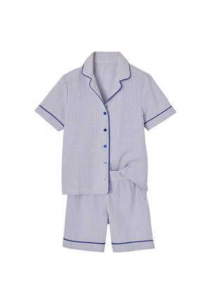 Kurzärmliges, knöpfbares gestreiftes Pyjama-Oberteil mit passenden Shorts mit elastischem Bund, ausgestattet mit blauen Paspelierungen an Ärmeln, Kragen und Saum.