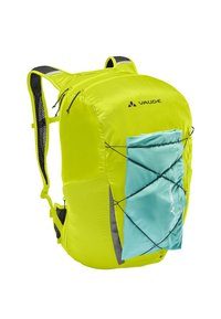 Lichtgewicht, neongele rugzak met een rekbare zak in turquoise, verstelbare schouderbanden en reflecterende accenten voor zichtbaarheid.