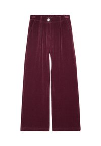 Pantaloni in corda a gamba larga color bordeaux con righe verticali, dotati di un bottone frontale e due tasche laterali. Tessuto morbido con una vestibilità sartoriale.