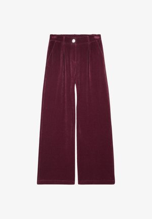 Burgunderfarbene weite Cordhosen mit vertikalen Rillen, die einen vorderen Knopf und zwei seitliche Taschen aufweisen. Weicher Stoff mit einer taillierten Passform.