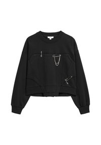 Zwarte cropped sweatshirt met een gestructureerde lijfje, met metalen accenten en kettingdetails, gemaakt van zachte, textuurrijke stof.