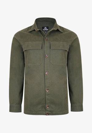 Olivgrüne Hemdjacke aus strapazierfähigem Material, mit zwei Brusttaschen, knöpfbarem Vorderteil und braunen Knöpfen.