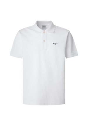 Weiße Polo-Shirt aus Baumwolle mit kurzen Ärmeln, zwei Knopf-Leiste und einem kleinen dunkelblauen Markenlogo auf der linken Brust.