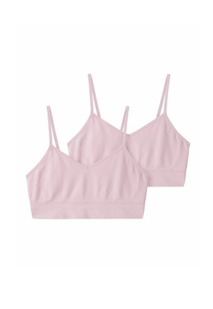 Deux hauts bralette en tissu doux rose clair avec fines bretelles réglables, affichés sur fond blanc.