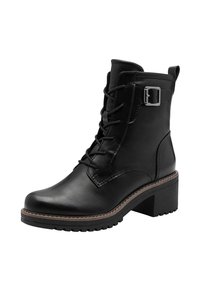 Bottine en cuir noir avec un talon épais. Caractéristiques : avant à lacets, accent de boucle latérale et semelle texturée pour l'adhérence. Fini de surface lisse.