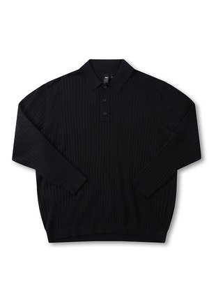 Black long-sleeve polo shirt with ribbed texture, three-button placket, flat collar, and fitted cuffs. Soft, woven material.