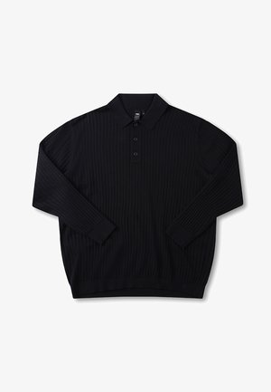 Black long-sleeve polo shirt with ribbed texture, three-button placket, flat collar, and fitted cuffs. Soft, woven material.