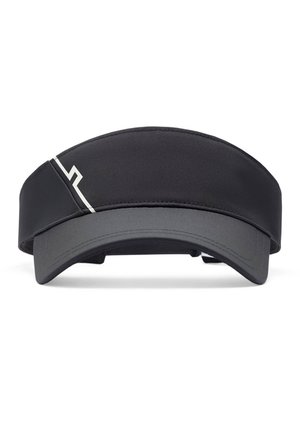 Sort sportsvisir med en buet skygge og en hvid geometrisk logo på venstre side mod en hvid baggrund.