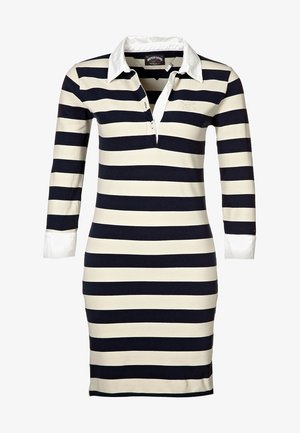 Marineblauw en crèmekleurige gestreepte jurk met lange mouwen en een witte kraag. Voorzien van een knoopsluiting en een aansluitend ontwerp.