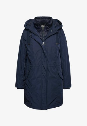 Marineblauwe geïsoleerde parka met een capuchon, ritssluiting, zijzakken en trekkoordaccenten. Gemaakt van waterafstotend materiaal.