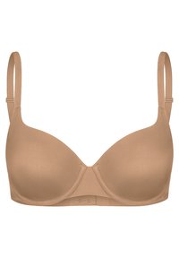 Beige behå med bygel, formade kupor, justerbara axelband och hake-och-öga stängning bak. Slät textur och sömlös design.