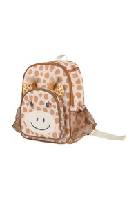 Giraffe-themed backpack in tan with spotted design. Features plush ears, a smiling face on the front pocket, and mesh side pockets.