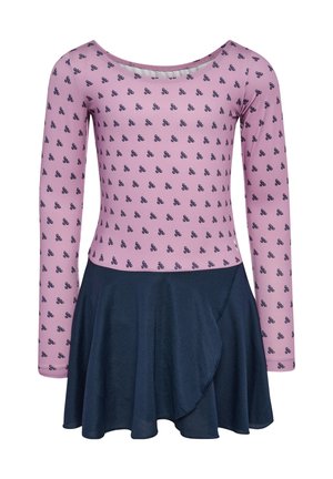 Mädchenkleid mit langärmeligem pinkfarbenem Oberteil, das kleine dunkelblaue Fahrradmotive zeigt, und einem navyblauen ausgestellten Rock mit Wickeldetail.