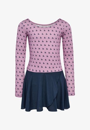 Meisjesjurk met een lange mouwen roze top met kleine donkere fietsprintjes en een marineblauwe uitlopende rok met overslagdetail.