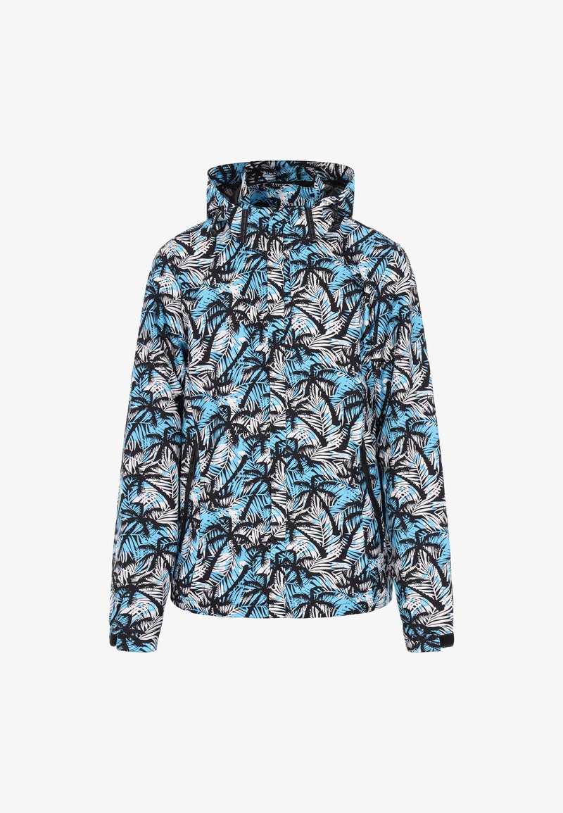 Jachetă cu glugă, cu un model de frunze de palmier alb-negru pe un fundal albastru, realizată dintr-un material ușor, având un fermoar frontal.