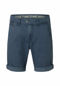 Dunkelblaue Baumwollshorts mit umgeschlagenen Säumen, ausgestattet mit einem Knopf- und Reißverschluss, seitlichen Taschen und einem markierten Bund.