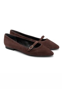 Ballerines en suede marron avec un embout pointu et une sangle décorative à boucle. Texture douce avec un petit talon noir pour le confort.
