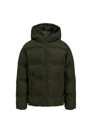 Dunkelgrüne gepolsterte Winterjacke mit Kapuze, Frontreißverschluss und zwei Seitentaschen.