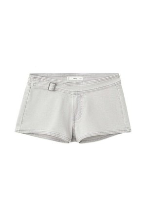 Short en denim gris clair avec ceinture cousue et boucle, poches avant et ourlet court, posé à plat sur fond blanc.