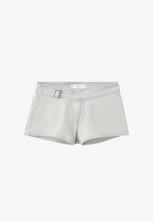 Short en denim gris clair avec ceinture cousue et boucle, poches avant et ourlet court, posé à plat sur fond blanc.