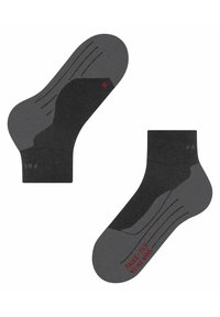 Graue Socken in verschiedenen Schattierungen, strukturiertes Design mit texturierten Streifen und rotem Branding an der Seite. Größe 42-43, aus Wollmischung.