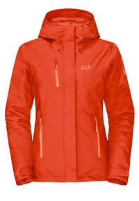 Červená voděodolná bunda s kapucí; má kapsy na zip a elastické manžety; hladký, lehký materiál; značkové logo na hrudi.