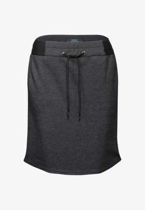 Zwarte rok van een gestructureerde stof met een tailleband met trekkoord. Rechte snit en iets uitlopend aan de onderkant, voorzien van een gemêleerd patroon.